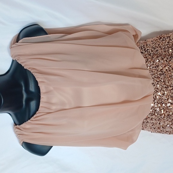 Suzi Chin for Maggy Boutique Champagne With Rast Gold Sequin Knee Length Dress - Picture 2 of 8